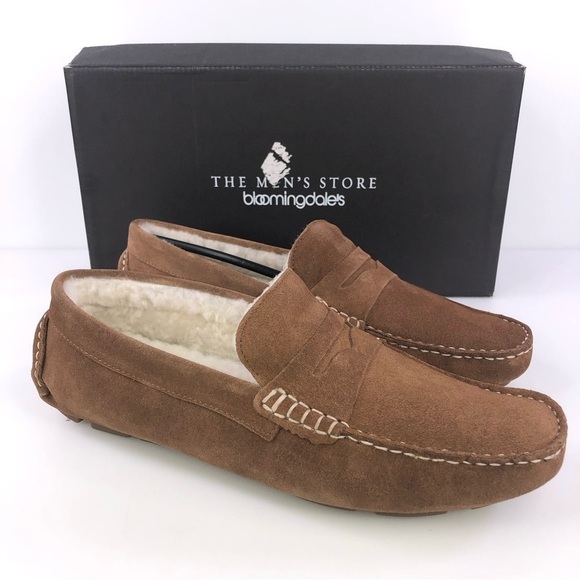 The Men's Store at Bloomingdale's Shearling Slippers Tan/Natural Suede Loafers - Picture 1 of 9